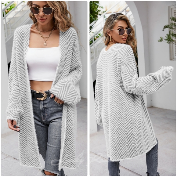 Cozy Herringbone Longline Open Front Fuzzy Cardigan - Picture 6 of 8